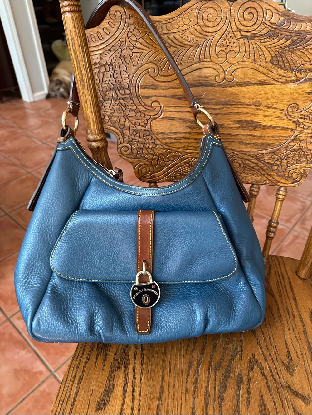 Dooney & Bourke Samba Denim Blue Leather Shoulder Hobo with Brown Trim